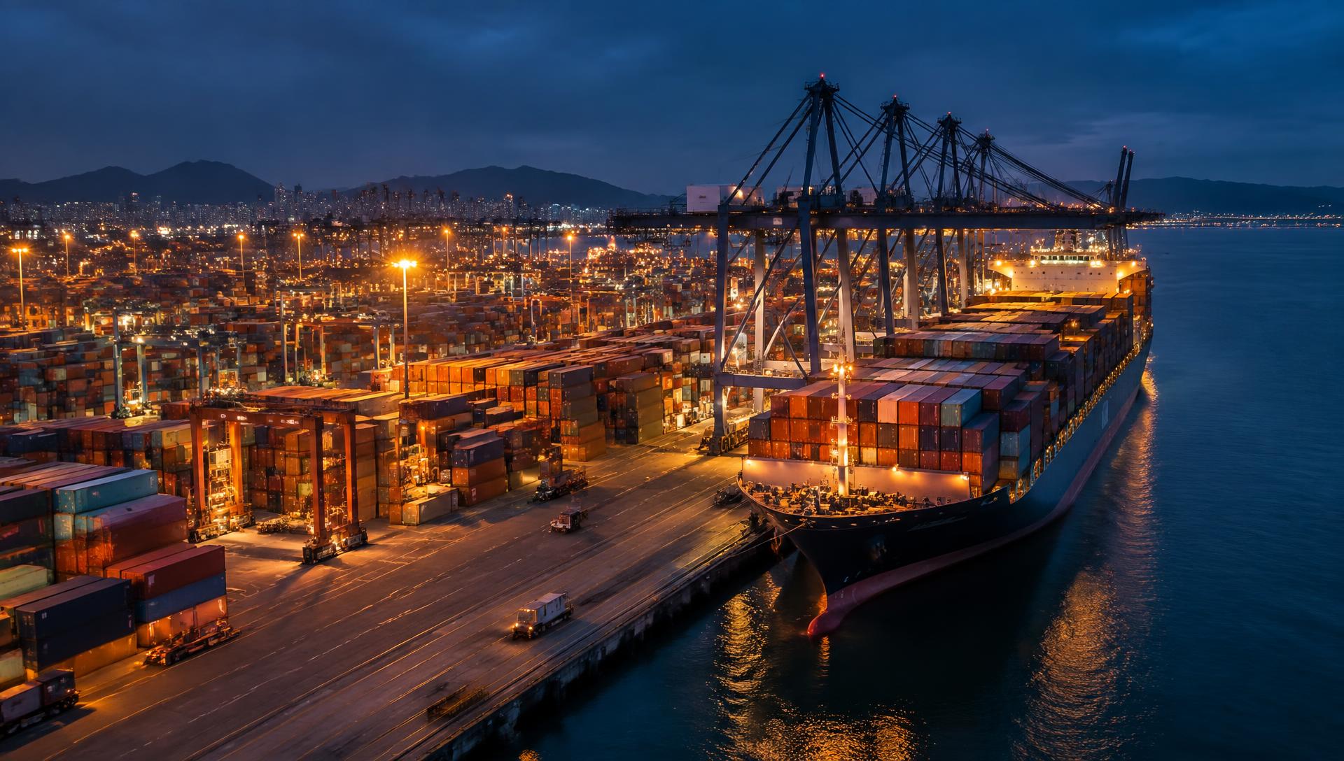 Container port at night with cargo ship at berth and gantry cranes